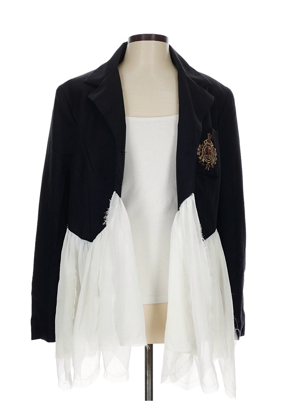 Free People Black Blazer with White Tulle Hem and Embroidered Crest